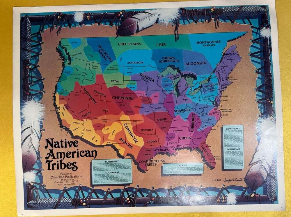 Vintage 1989 Native American Tribes Wall Map Poster Cherokee Publications